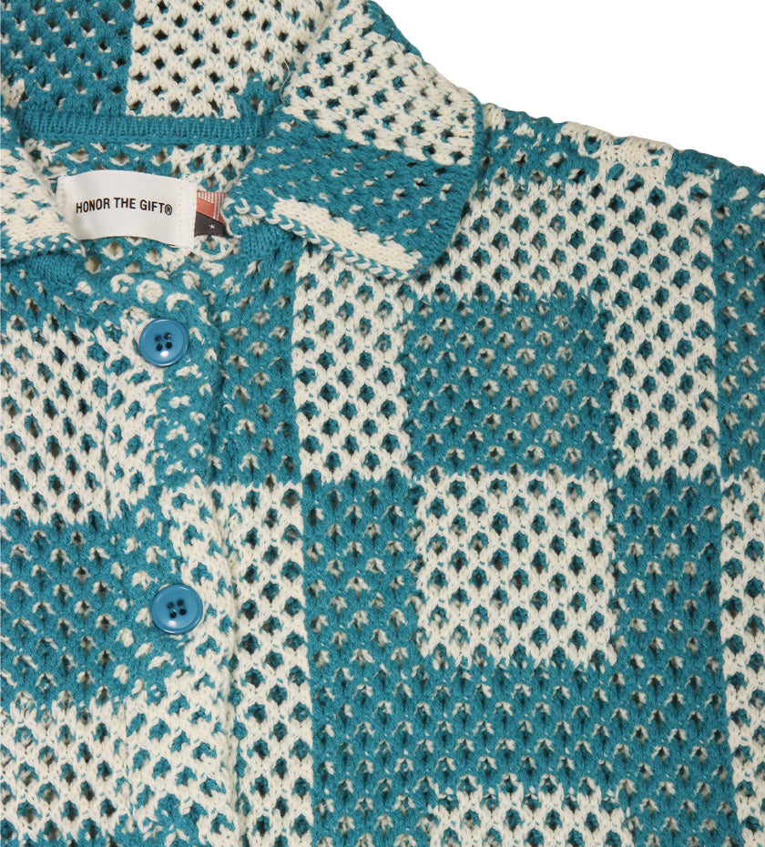 Unisex Crochet S/S Button Down (Teal)